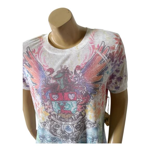 ONE WORLD Womens Plus Size 1X Short Sleeve Embellished Boho Tribal Tunic Shirt - Picture 5 of 8